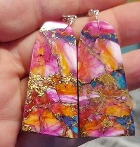 New Kingman Spiny Pink Turquiose Dalia Block Cut Navajo Made Earrings